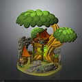 Magical Tree Scene Featuring Stone Archway Wooden Cabin Red Flag And Figure