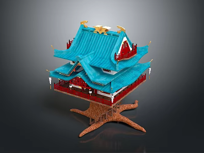 Traditional Multi Tiered Building With Blue Tiled Roof Golden Ornaments And Tree Root Support Base 3d model