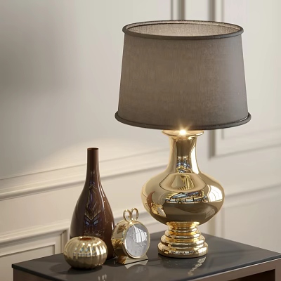 Gold Table Lamp With Gray Lampshade Brown Vase And Silver Decor In Modern Interior 3d model