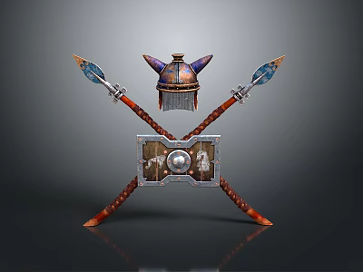Medieval Ancient Traditional Weapons Featuring Crossed Spears Decorative Helmet And Shield 3d model