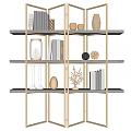 Modern Room Divider Shelf With Gold Frame Glass Panels And Decorative Items