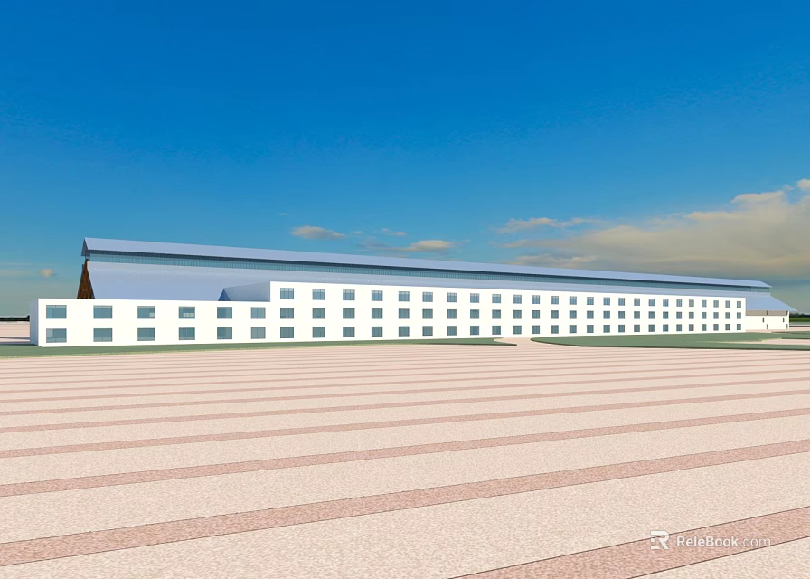 Modern Office Building With White Exterior Flat Roof Large Windows And Spacious Plaza 3d model 