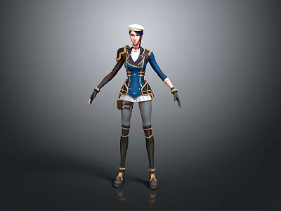 Female Character 3D Model In Blue Uniform White Hat Gold Accents Black Gloves Grey Pants 3d model