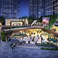 Modern Commercial Street with High Rise Buildings Urban Shops and Scenic Street View