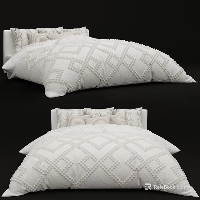 Single Bed In Minimalist Style With White Geometric Bedspread And Pillows 3d model 
