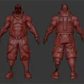 Muscular Male Character Design Front And Back Views With Mechanical Prosthetics And Red Accents