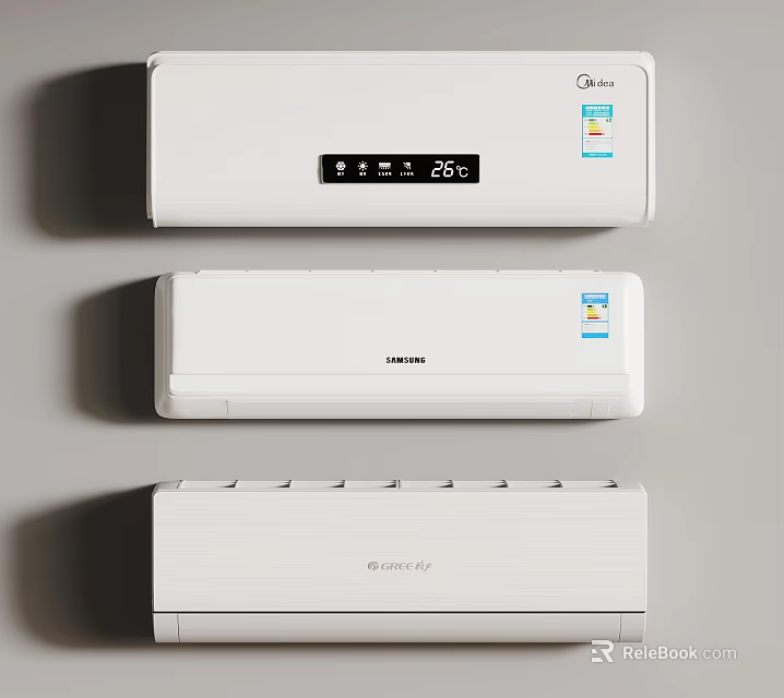 White Wall Mounted Air Conditioner Fan with Temperature Display Energy Efficiency Label Midea Hisense Gree 3d model 