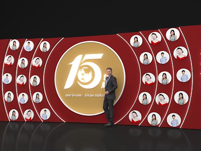 15th Anniversary Event Display Wall With Golden Logo Red Background And Circular Portraits 3d model