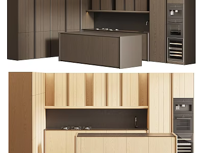 Modern Wooden Kitchen Interior With Cabinets Island Counter Cooktop And Appliances 3d model