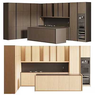 Modern Wooden Kitchen Interior With Cabinets Island Counter Cooktop And Appliances 3d model