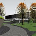 Modern Waterfront Sales Office Building With Urban Skyline And Green Landscaping