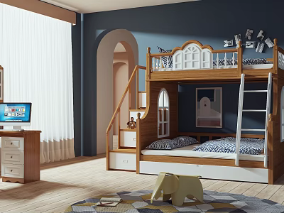 Kids Room Wooden Bunk Bed With Stairs Ladder Storage Drawers Blue Walls Wooden Floor 3d model