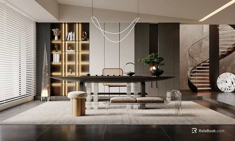 Elegant Modern Tea Room Interior With Wooden Tea Table Pendant Lights And Green Plant 3d model 