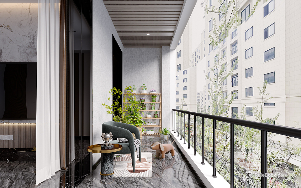 Modern Home Balcony Decor With Green Plants Cozy Chair And City View Railing 3d model 