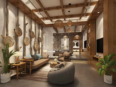 Cozy Hotel Guest Room With Wooden Ceiling Rattan Pendant Lights And Green Plants 3d model