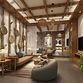 Cozy Hotel Guest Room With Wooden Ceiling Rattan Pendant Lights And Green Plants