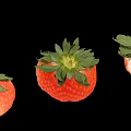 Fresh Ripe Juicy Strawberries Two Whole Red And One Sliced Half On Black Background