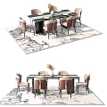 Modern Dining Table Set With Six Beige Chairs And Patterned Rug Flower Centerpiece 3d model