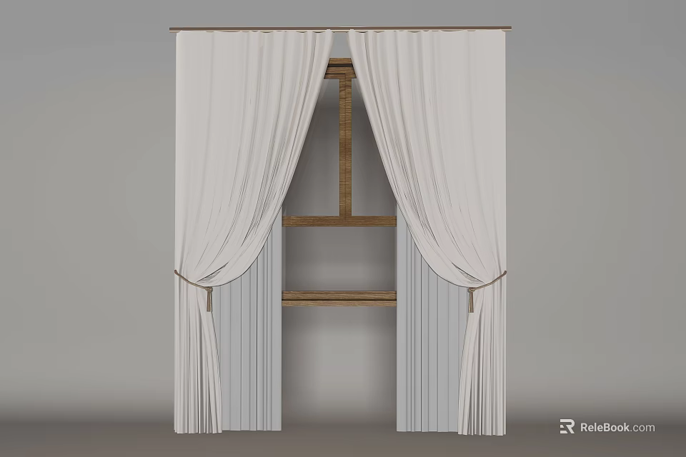 Elegant White Curtains Draped On Wooden Window Frame With Pleated Bottom 3d model