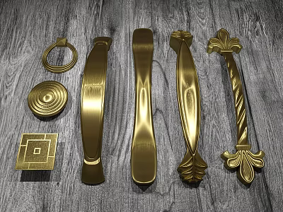 Golden Decorative Furniture Handles With Various Stylish Designs On Wooden Background 3d model