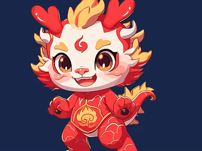 Cute Red Yellow Cartoon Dragon With Flame Hair Big Eyes And Patterns 3d model