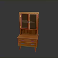 Orange Wooden Storage Cabinet With Glass Door Upper Section And Drawers With Metal Handles