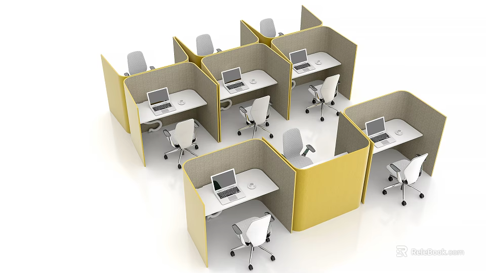 Modern Office Workstations With Yellow Partitioned Cubicles White Desks Laptops And Office Chairs 3d model 