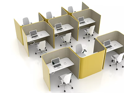 Modern Office Workstations With Yellow Partitioned Cubicles White Desks Laptops And Office Chairs 3d model