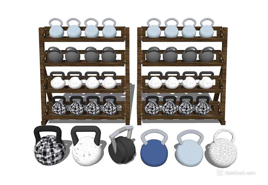 Fitness Kettlebells in Various Colors Displayed on Wooden Racks with Plaid and Textured Designs 3d model 