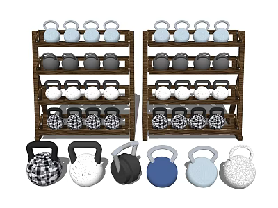 Fitness Kettlebells in Various Colors Displayed on Wooden Racks with Plaid and Textured Designs 3d model