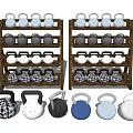 Fitness Kettlebells in Various Colors Displayed on Wooden Racks with Plaid and Textured Designs