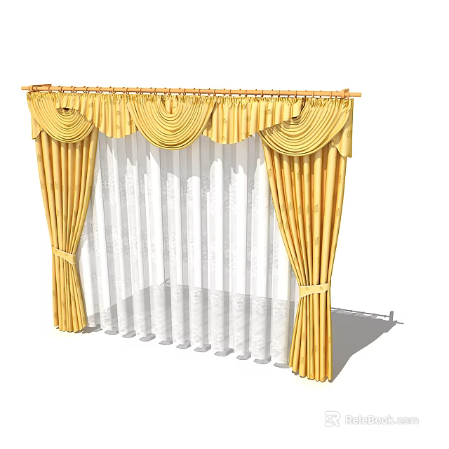 Elegant Yellow Curtains Featuring White Sheer Layers And Decorative Top Ties 3d model 