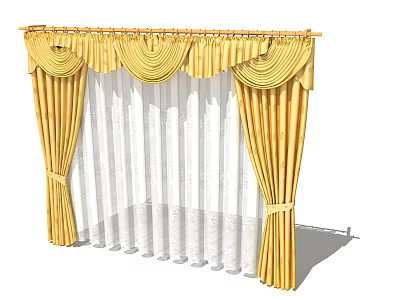 Elegant Yellow Curtains Featuring White Sheer Layers And Decorative Top Ties 3d model