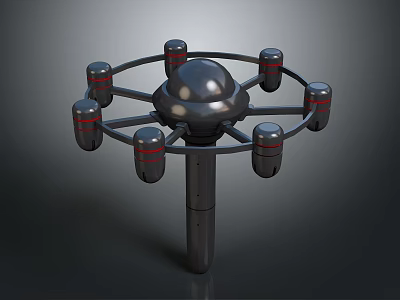 Symmetrical Metallic Mechanical Device With Central Sphere Cylindrical Components And Red Stripes 3d model