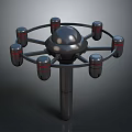 Symmetrical Metallic Mechanical Device With Central Sphere Cylindrical Components And Red Stripes