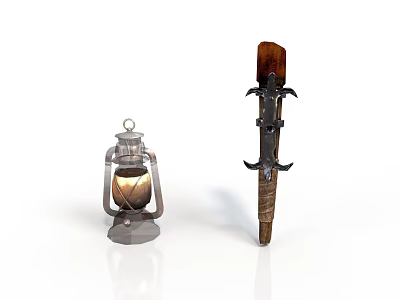 Vintage Decorative Weapon With Feather Handle And Metal Decorations Alongside Metal Lantern On White Background 3d model