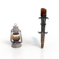 Vintage Decorative Weapon With Feather Handle And Metal Decorations Alongside Metal Lantern On White Background