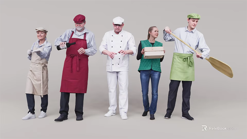 Diverse Group of Restaurant Staff in Aprons and Chef Uniforms Holding Kitchen Utensils and Tray 3d model 
