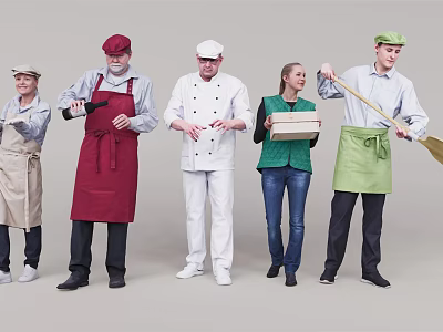 Diverse Group of Restaurant Staff in Aprons and Chef Uniforms Holding Kitchen Utensils and Tray 3d model
