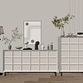White Modern Minimalist Entryway and Side Cabinet with Wall Art Vase Greenery and Floor Lamp