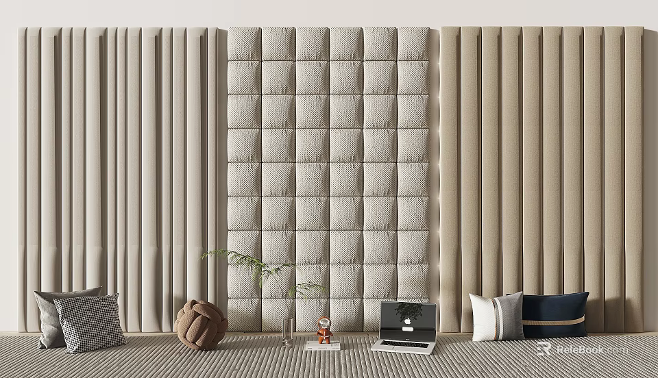 Tufted Upholstered Panel Wall in Modern Living Room with Decorative Pillows Green Plant and Laptop 3d model 