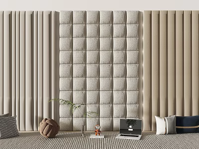 Tufted Upholstered Panel Wall in Modern Living Room with Decorative Pillows Green Plant and Laptop 3d model