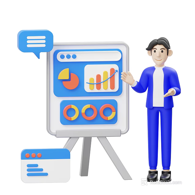Game Movie Character Presenting Data With Charts And Graphs On Whiteboard 3d model 