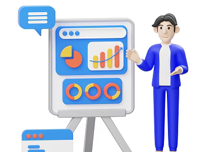 Game Movie Character Presenting Data With Charts And Graphs On Whiteboard 3d model