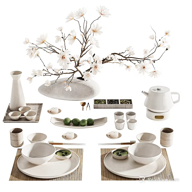 Elegant Traditional Tableware Set With Teapot Teacups Bowls Tray Bamboo Mats And White Magnolia Branch 3d model 
