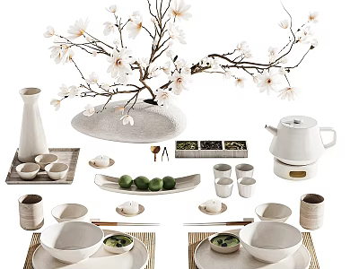 Elegant Traditional Tableware Set With Teapot Teacups Bowls Tray Bamboo Mats And White Magnolia Branch 3d model