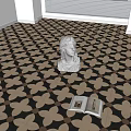 Black And White Floral Pattern Floor Tiles With White Statue And Open Book