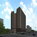 Modern Commercial Street With High Rise Buildings Urban Environment Green Trees And Traffic