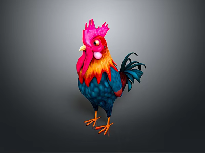 Colorful Rooster with Vibrant Red Comb Orange Feathers and Blue Body Standing on Dark Background 3d model