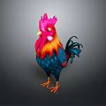 Colorful Rooster with Vibrant Red Comb Orange Feathers and Blue Body Standing on Dark Background